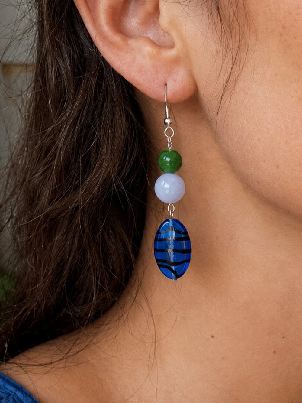 Blue Czech Glass, Tourmaline, & Aquamarine Dangle Earrings